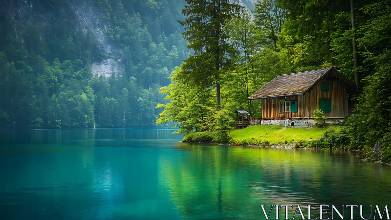 Lakeside wooden cabin amid vivid emerald forest reflections.
