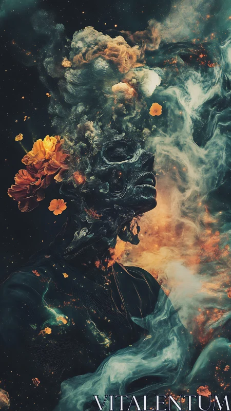 Human-like profile is integrated with smoke, light and flora