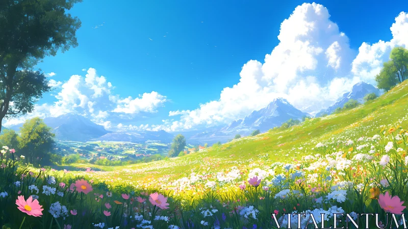 Sunlit wildflower meadow unfolds beneath vast mountain skies.