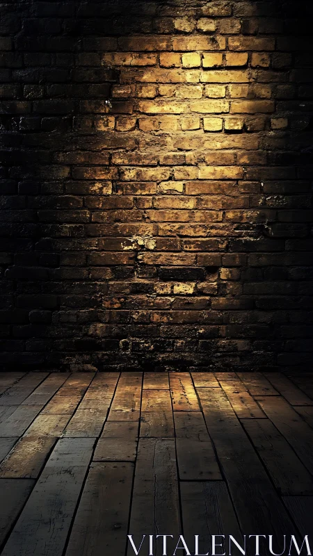 Warm spotlight falls on aged brick wall and wooden floor