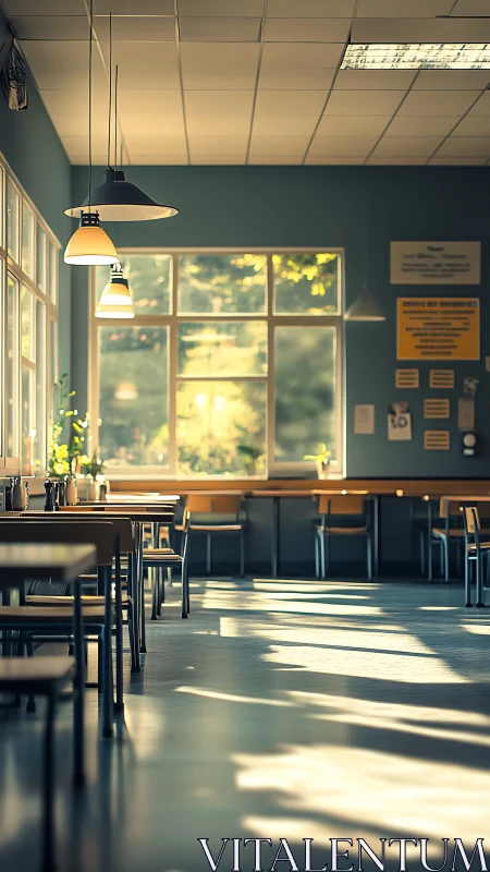 Morning sunlit canteen interior with soft golden shadows.