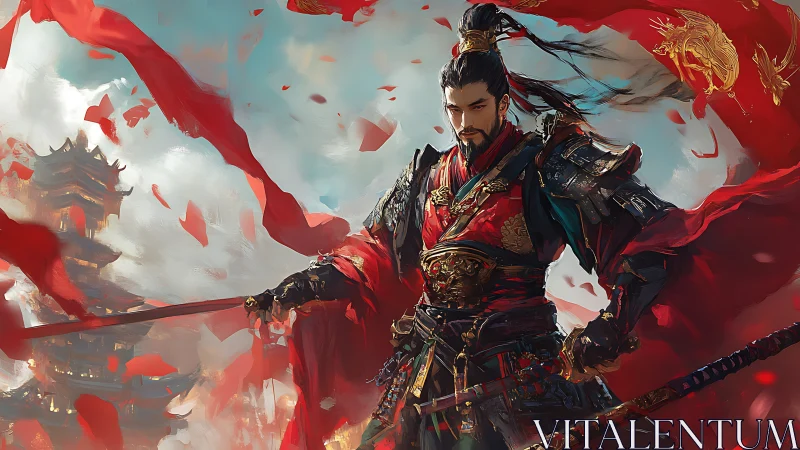 Majestic warrior in red armor commands the wind and banners