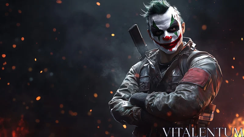 Armed figure in clown makeup amid dark embers backdrop.