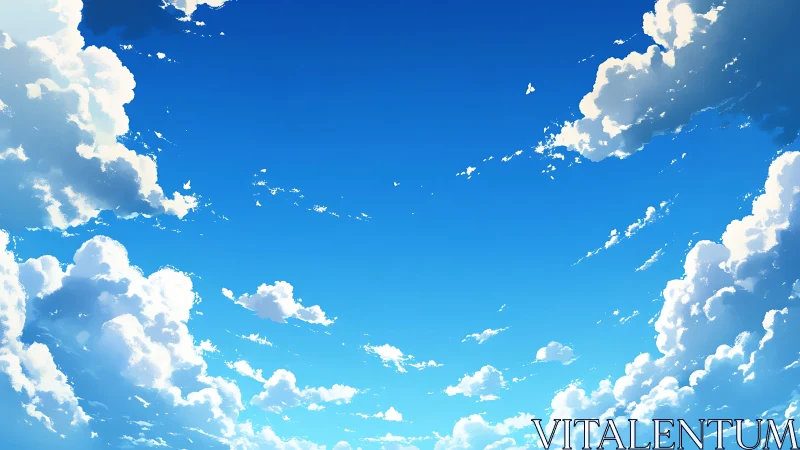 Blue sky scene shows stylized cumulus clouds in formation