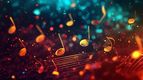 Glowing musical notes dancing through a colorful night sky.