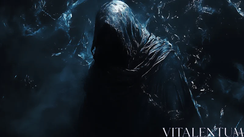Shrouded hooded figure in dark, blue illuminated mistscape.