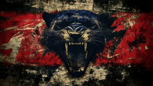 Snarling Panther Portrait Against Distressed Geometric Background.