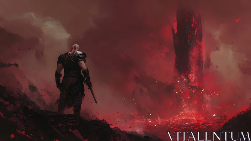 Warrior confronts erupting crimson monolith in volcanic wasteland.