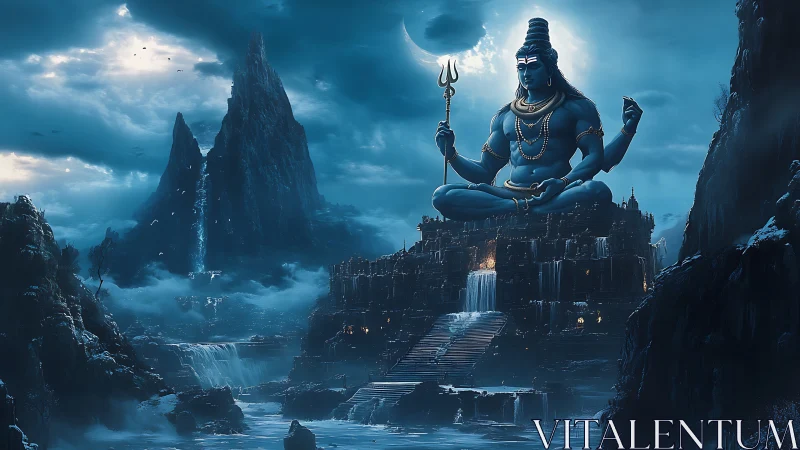 Moonlit blue deity guards a mystical mountain temple realm