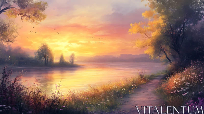 Warm gradient sunset illuminates riverbank path and wildflower foliage