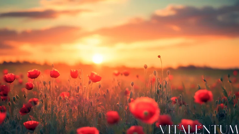 Glowing sunset bathes a tranquil poppy field in warm light