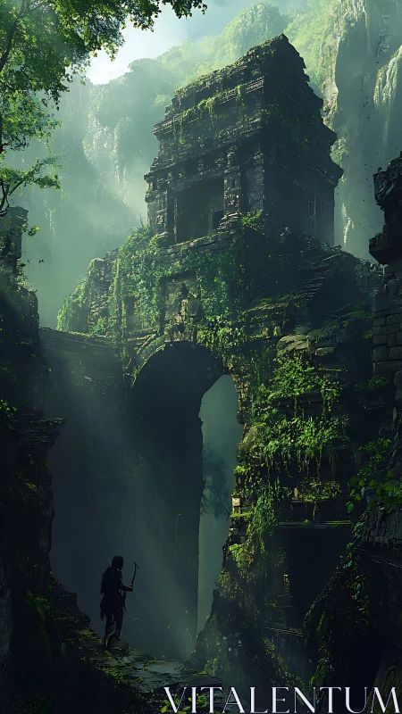 Explorer surveys towering jungle temple ruins in mist