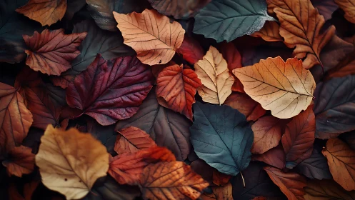 Dry overlapping autumn leaves in varied muted colors.