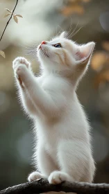 White Kitten Reaching Toward Autumn Leaves.
