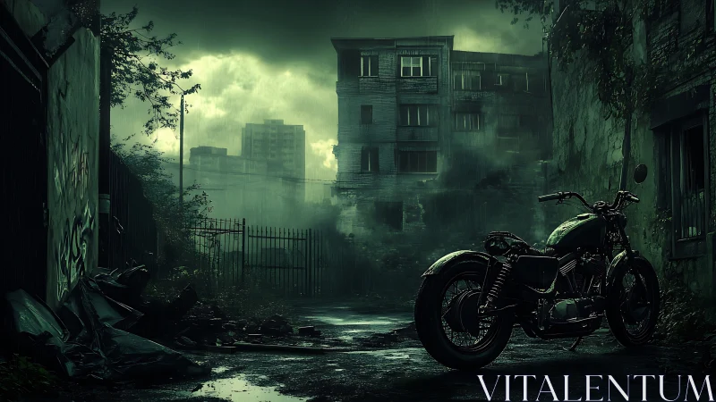 Custom cafe racer motorcycle in rain-soaked post-apocalyptic alley
