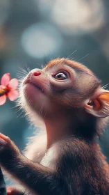 Baby monkey portrait with soft bokeh and pink blossom.