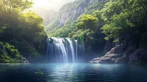 Sunlit forest waterfall pouring into tranquil blue pool.