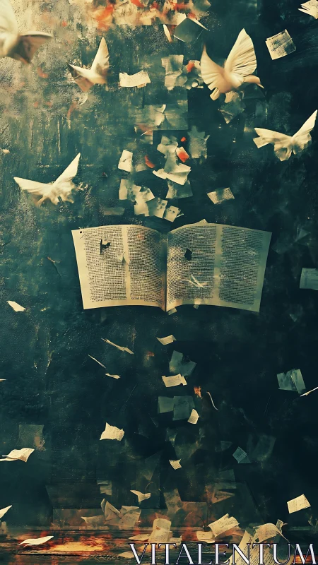Open book unleashes white doves and burning pages upward