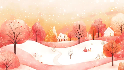 Snowy hills and red trees surround two cottages at sunset