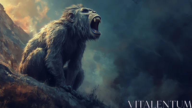 Roaring primate on rocky ridge under dark storm sky.