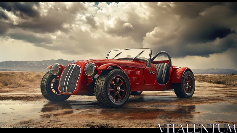 Red roadster stands on wet desert track under storm clouds