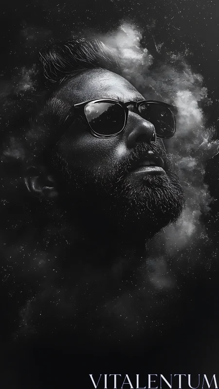 Stargazing rebel dissolving into cosmic grayscale dust clouds.