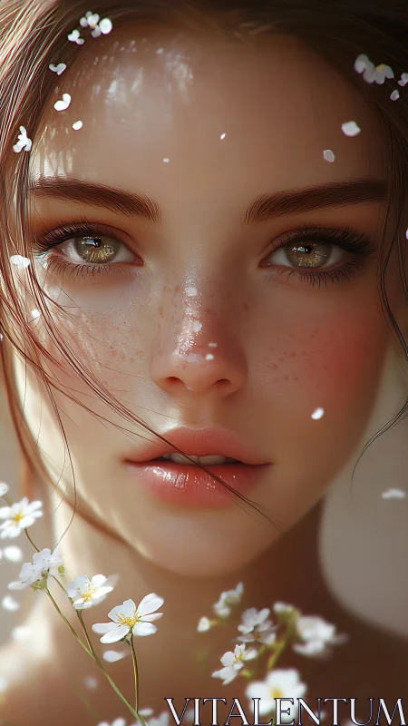 Hyperreal female portrait merges soft light and spring florals