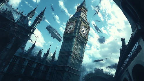 Futuristic London clock tower under looming warship invasion.