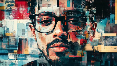 Digital portrait fractures urban color into introspective face.