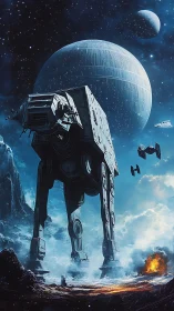 Majestic walker strides across a frozen, star-lit battlefield.