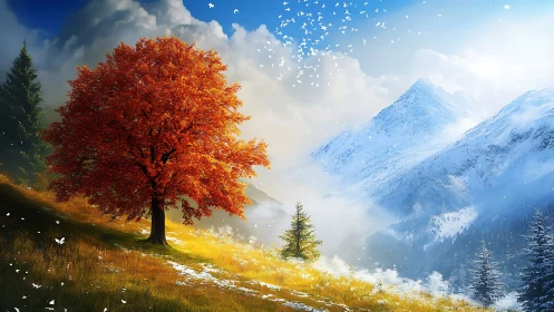 Autumn tree contrasts vivid foliage against luminous alpine snow