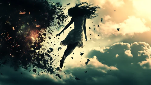 Silhouetted human figure dissolving into debris in sky scene.