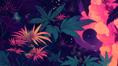 Neon cannabis leaves frame glowing abstract cosmic portal