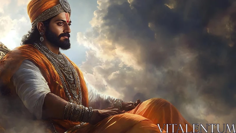 Regal warrior in orange robes seated against stormy sky.