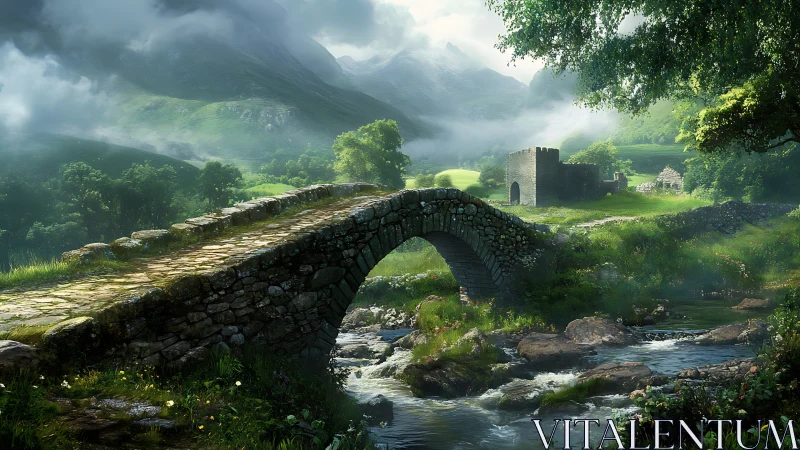 Stone bridge welcomes wanderers into misty green valley