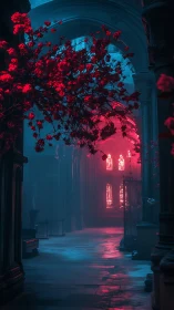 Gothic nave with neon magenta bloom and volumetric fog lighting.