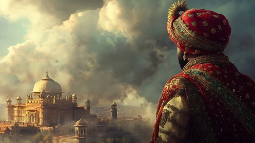 Regal figure overlooking golden domed palace at sunrise.