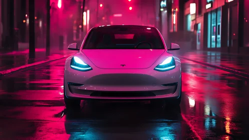 Electric sedan glows under neon reflections on wet street.