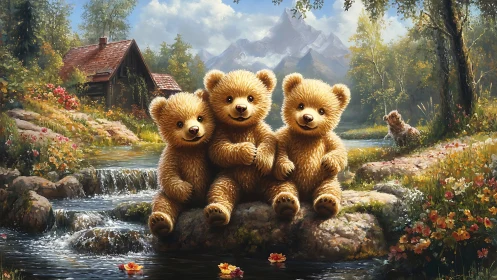 Three cartoon bear cubs sit on rocks by a forest stream