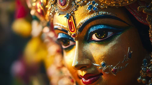 Close-up view of ornate golden deity sculpture face detail.