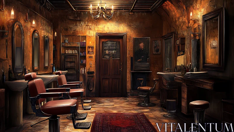 Warm-toned vintage barbershop interior shows worn wood and metal surfaces