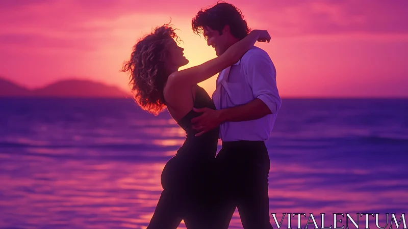 Silhouetted couple embracing at golden hour with saturated magenta atmospheric gradient