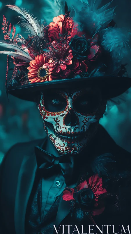 Calavera portrait with ornate floral hat and teal bokeh lighting