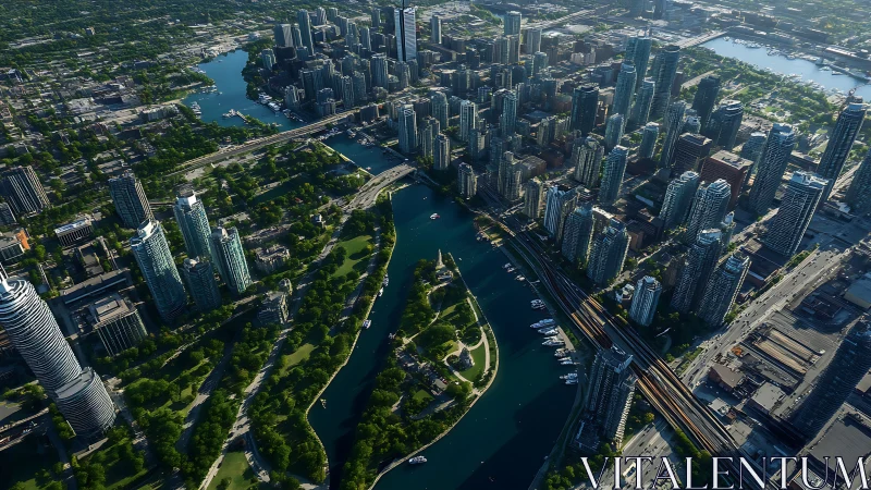 Urban waterfront skyline with dense high-rises and green corridor.