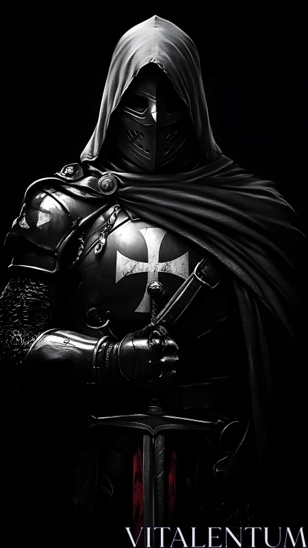 Hooded dark knight in plate armor grips sword in shadow
