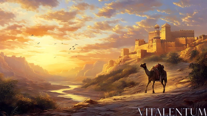 Golden desert sunrise over a tranquil camel and fortress.