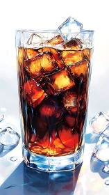 Tall glass of cola with melting ice cubes rendered sharply