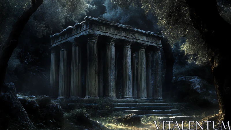 Moonlit ancient temple stands forgotten in a shadowed grove