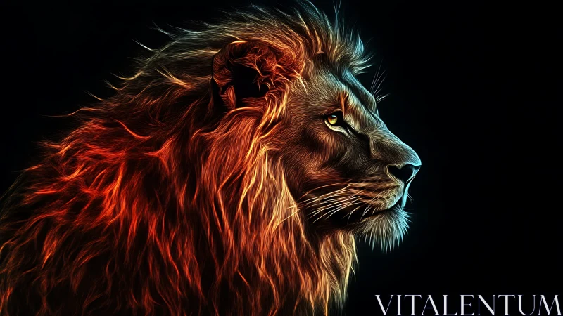 Fiery neon lion profile framed on black background.