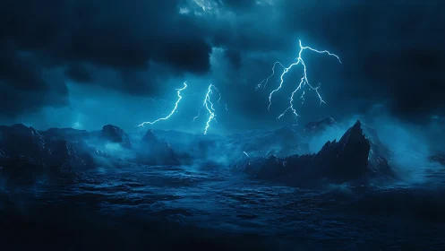 Electric storm over dark alien seascape at night.